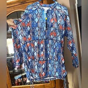 NEW NWT 2XL Blue and Orange Patterned Swim Cover-Up/Sun Shirt